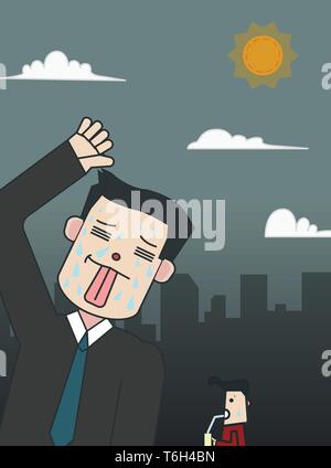 Business man cartoon in città con tempo caldo.tempo caldo con il concetto di città.Persone calore dal meteo in ambiente urbano.L'uomo stanco per alta temperatura Illustrazione Vettoriale