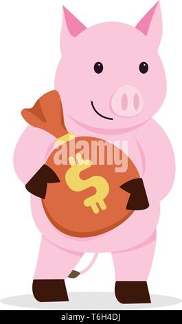 Appartamento allevamento suinicolo denaro borsa cartoon design isolatd con sfondo bianco.illustrazione vettoriale.carattere suino con denaro.Salvataggio di concetto di denaro.salvadanaio c Illustrazione Vettoriale
