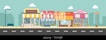 Strada di città e di edifici del negozio illustrazione vettoriale, una superficie piana di stile design.Business storefront in ambiente urbano.Public store sulla strada principale.scena urbana in midda Illustrazione Vettoriale