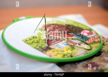 Interessante il ricamo a mano da casa al lavoro con un ago e filo verde Foto Stock