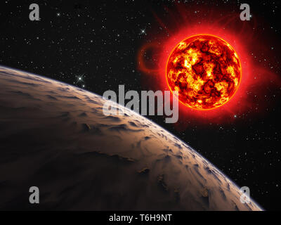 Il pianeta con un gigante rosso sun. Foto Stock