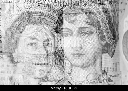 Close-up, foto macro di £10. Dieci sterline. La regina Elisabetta II, Jane Austen ritratto Foto Stock