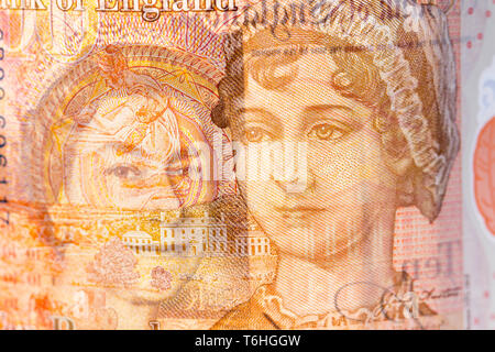 Close-up, foto macro di £10. Dieci sterline. La regina Elisabetta II, Jane Austen ritratto Foto Stock
