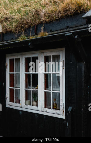 In legno finestra bianca di un tipico delle isole Faeroeer casa nera con tetto di erba durante un giorno di moody in Tórshavn (Isole Faerøer, Danimarca, Europa) Foto Stock