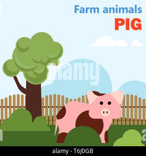Animali da allevamento suino sul tranquillo prato con erba e albero. Flashcard educative per l'insegnamento prescolare in asilo nido. Piatto colorato stile cartoon Illustrazione Vettoriale