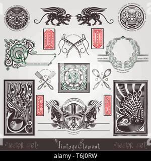 Grande set di etichette vintage in stile di incisione,elemento vecchio con la lettera e uccello Illustrazione Vettoriale