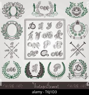 Set di elementi vintage con corona, elemento e lettere in stile di incisione Illustrazione Vettoriale