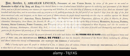 Proclama di emancipazione documento, 1 gennaio 1863 dal presidente degli Stati Uniti d'America che mostra porzione dettagliata del testo "tutte le persone detenute come schiavi... devono essere liberi" pubblicato 1864 Foto Stock