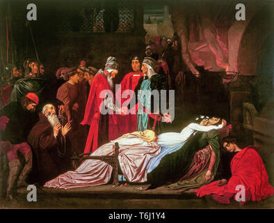 La riconciliazione dei Montagues e dei Capuleti sui cadaveri di Romeo e Giulietta, dipinto da Frederic Leighton, 1st Barone Leighton, circa 1850s Foto Stock