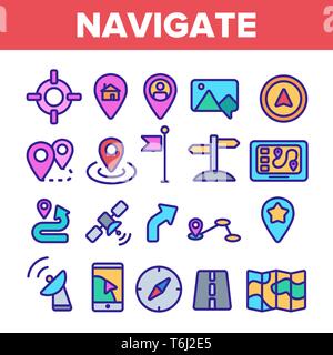 Navigazione vettore lineare set di icone. Il sistema di navigazione di linea sottile simboli di contorno Pack. GPS, Travel App pittogrammi collezione di simboli. Road Map, posizione Illustrazione Vettoriale