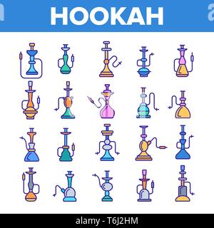 Hookah, fumatori vettore dispositivo lineare set di icone Illustrazione Vettoriale