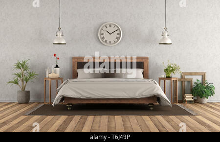 Camera da letto matrimoniale in stile classico con un elegante letto matrimoniale su pavimento in legno duro - 3d rendering Foto Stock