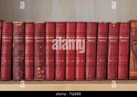 Leatherbound Shakespeare libri su uno scaffale Foto Stock