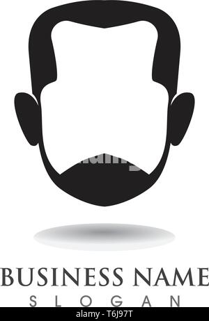 Barba maschile capelli neri e logo geek e simboli Illustrazione Vettoriale