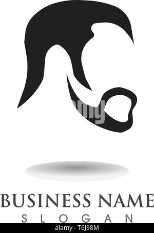 Barba maschile capelli neri e logo geek e simboli Illustrazione Vettoriale