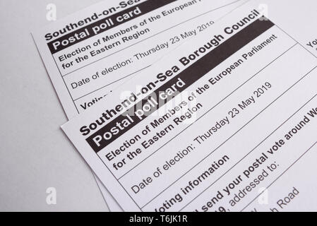Sulle elezioni per il Parlamento europeo, 2019, CAP carta di polling. Elezione dei membri del Parlamento europeo per la regione orientale. Southend on Sea, Essex Foto Stock