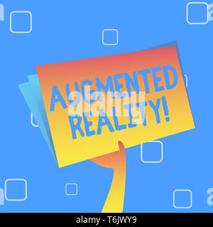 Testo della scrittura Augmented Reality. Foto concettuale esperienza interattiva di un ambiente realworld mano azienda e aumentando lo spazio vuoto colorato F Foto Stock