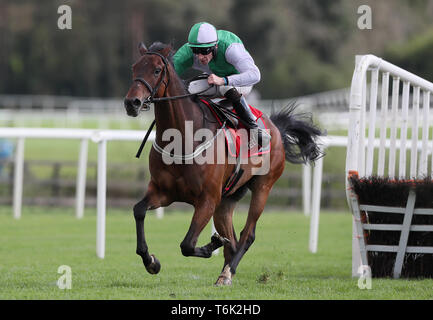 Zero dieci cavalcato da David Mullins gare chiaro dell'ultimo sul modo di vincere Il Connolly's RED MILLS Irish EBF Auction ostacolo finale di serie durante la due giorni del festival di Punchestown a Punchestown Racecourse, nella contea di Kildare, Irlanda. Foto Stock