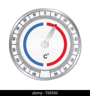 Illustrazione realistica di un tondo metallico termometro per misurare i gradi Celsius di freddo e di calore. Isolato su sfondo bianco - vettore Illustrazione Vettoriale