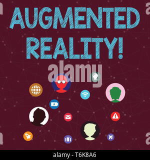 Testo della scrittura Augmented Reality. Foto concettuale esperienza interattiva di un ambiente realworld Networking icone tecnica con teste di conversazione testuale Scat Foto Stock