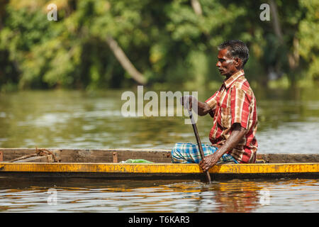 Primo piano dell'uomo paddling scavato in canoa fluviale a bordo della giungla in India Foto Stock