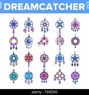 Dreamcatcher, Amulet vettore di linea sottile set di icone Illustrazione Vettoriale