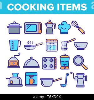 La cottura di oggetti vettore di linea sottile set di icone Illustrazione Vettoriale
