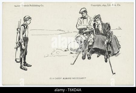 Detroit Publishing Company vintage cartolina da Detroit Publishing Company di un cartone animato raffigurante due giocatori di golf di sconvolgere con la loro giovane caddie, Detroit, Michigan, 1914. Dalla Biblioteca Pubblica di New York. () Foto Stock
