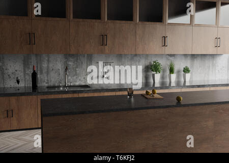3D rendering di cucina moderna con armadi in legno e muro di cemento Foto Stock