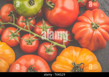 Selezione di organico cimelio di grandi dimensioni e i pomodori ciliegia sul blu scuro dello sfondo concreto close up, tonica, vista dall'alto, il fuoco selettivo Foto Stock