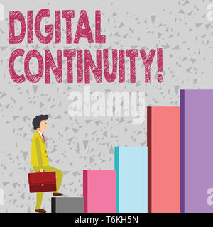 Testo della scrittura di continuità digitale. Foto concettuale in grado di mantenere le informazioni digitali di un imprenditore creatore portando una valigia è in Foto Stock