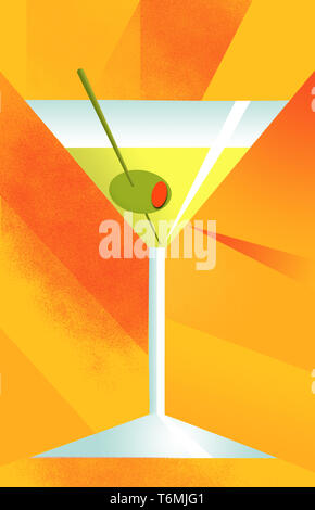 Un martini è visto su un arancione e rosso sfondo patchwork con grunge. E naturalmente un olivo in vetro. Foto Stock