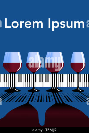 Bicchieri di vino e una tastiera di pianoforte sono combinati in questa illustrazione che potrebbe essere utilizzato per realizzare poster o la pubblicità per il vino e il festival di musica Foto Stock