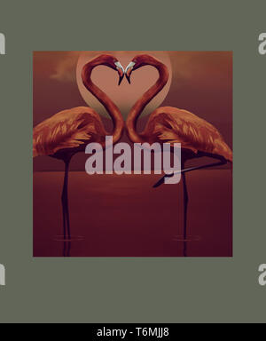 Fenicotteri rosa' curvando il collo la forma di un cuore come stanno in acqua al chiaro di luna. Foto Stock
