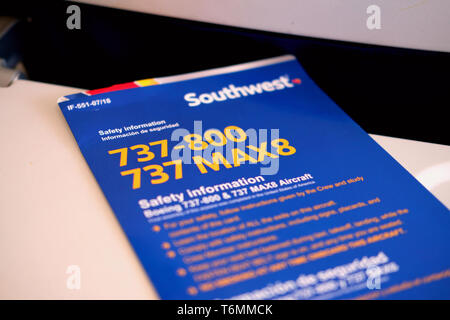 Informazioni di sicurezza per la carta di un Boeing 737-800 e 737 MAX8, Southwest Airlines. Foto Stock