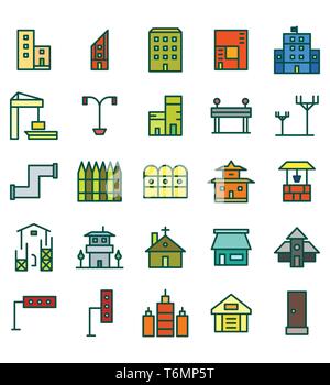 Set di edilizia e immobili city illustrazione vettoriale Icona o simbolo. Corsa modificabile e colore Illustrazione Vettoriale