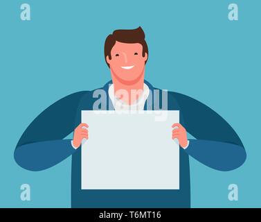 Happy businessman tenendo un foglio di carta nelle sue mani. Presentazione aziendale, cartoon illustrazione vettoriale Illustrazione Vettoriale