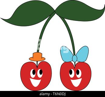 Un cartoon carino di due ciliegie uno con un cappello di colore arancione e un altro con un blu vettore di prua il colore di disegno o illustrazione Illustrazione Vettoriale