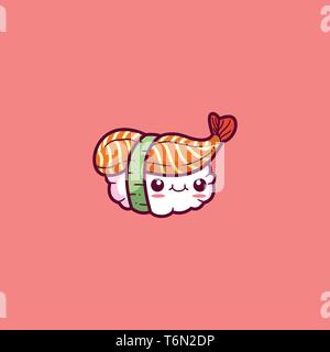 Cartoon sushi in marrone e strisce gialle legati insieme con un sorriso bianco cartoon faccia mediante una fascetta verde vettore di disegno a colori o illustrazione Illustrazione Vettoriale