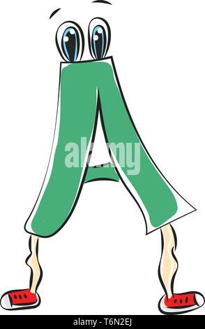 Una colorata di verde una creatura in ordine alfabetico o figurine che rappresentano l'alfabeto A ha due occhi ed è nella sua elegante red shoes con accattivanti v Illustrazione Vettoriale