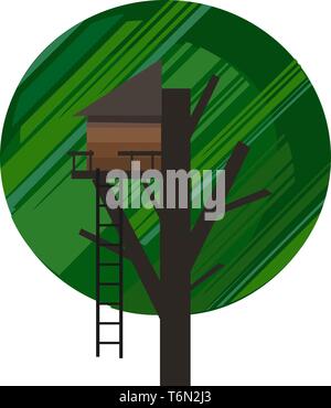 Ritratto di una treehouse costruito con una scala marrone costruito nei rami di un albero per far giocare i bambini nel vettore il colore di disegno o illustrazione Illustrazione Vettoriale