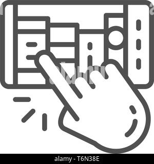 Mano con telefono cellulare, uomo sceglie e-book, biblioteca elettronica icona linea. Illustrazione Vettoriale