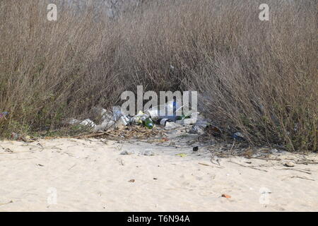 Spazzatura sotto i cespugli in natura. Garbage lasciati dai turisti, inquinamento della natura con l'immondizia. Foto Stock