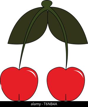 Due carino piccolo le ciliegie di colore rosso del vettore di disegno a colori o illustrazione Illustrazione Vettoriale