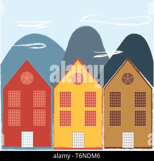 La pittura di edifici ad alta in rosso giallo e marrone contro il vettore del cielo il colore di disegno o illustrazione Illustrazione Vettoriale