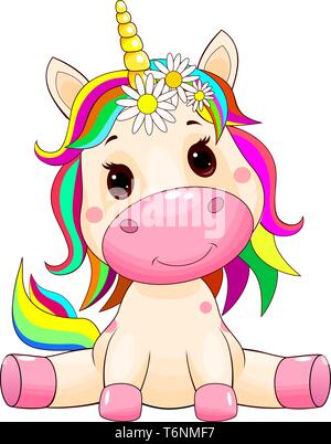 Poco unicorn con un multi-colore criniera e coda su bianco. Illustrazione Vettoriale