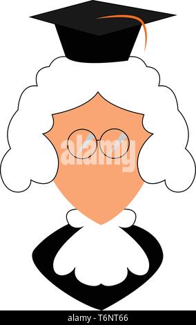 Cartoon giudice con una veste nera tirante bianco intorno al suo collo bicchieri senza tempio o telaio parrucca bianca e una cappa nera sembra divertente vettore dra a colori Illustrazione Vettoriale