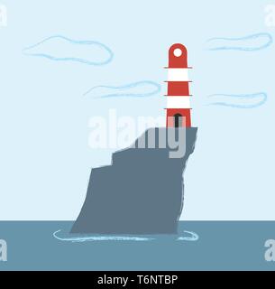 Un cartoon faro con alternare rosso e bande di luce si erge come una torre di guardia o guida delle navi in mare del vettore di disegno a colori o illustrazione Illustrazione Vettoriale