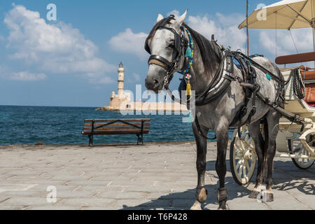 Faro di Chania con un cavallo Foto Stock