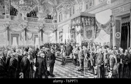La prima apertura del Reichstag tedesco da Kaiser Wilhelm II, il 25 giugno 1888, storico xilografia, Germania Foto Stock